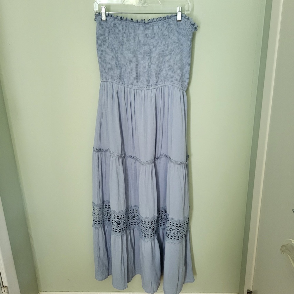 Women Large Smocked Sleeveless Tube‎ Boho Crochet Flowy Maxi Dress Light Blue